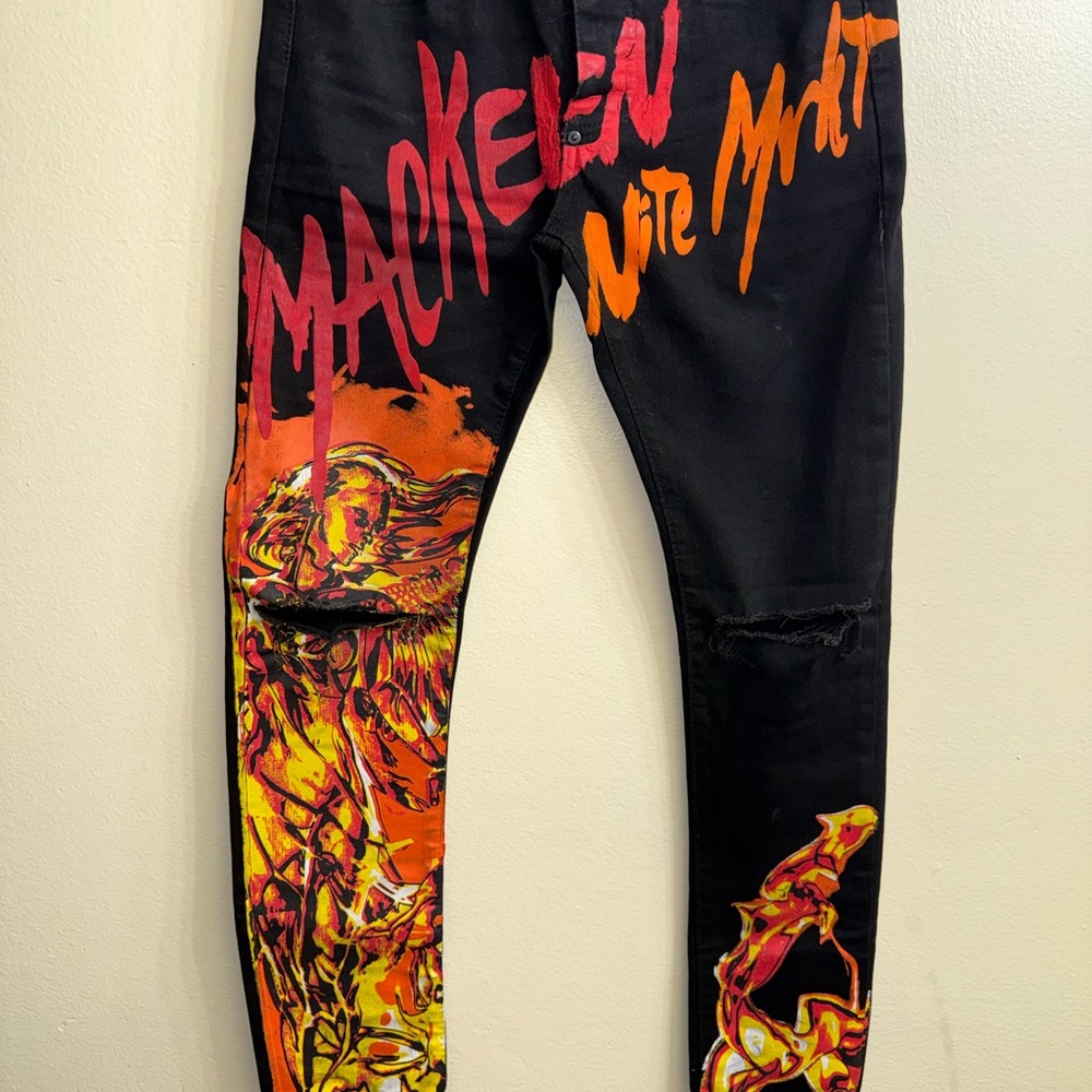 MacKeen MK 200 Jet Black Graphic Jeans Paint Drip Distressed Streetwear‎